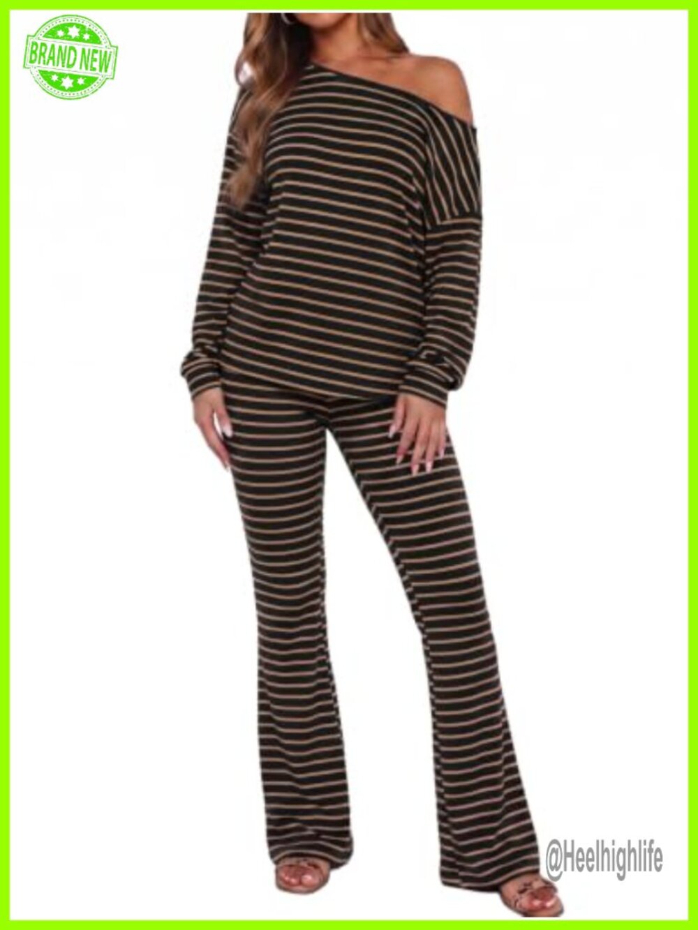 Women's Striped Off Shoulder Long Sleeve Top with Flare Pants Set